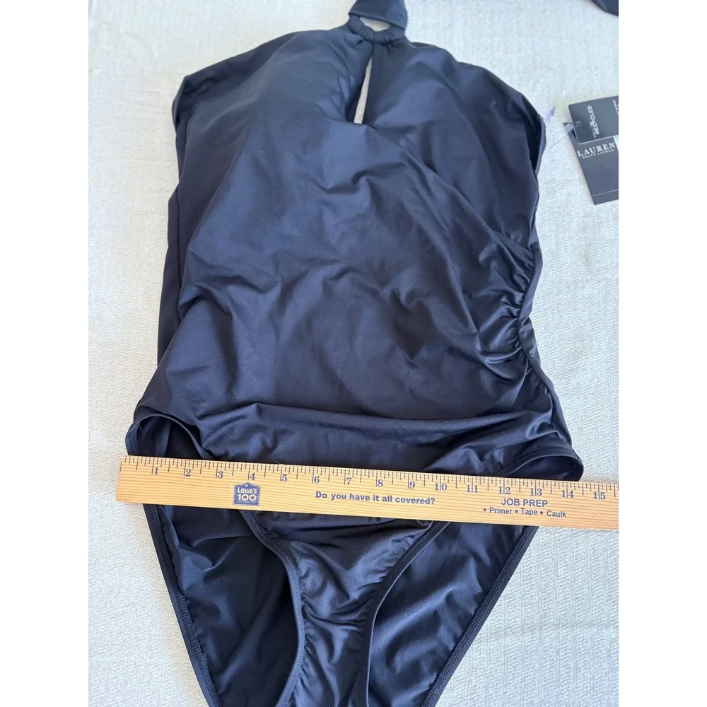 Lauren Ralph Lauren One Piece Swimsuit Womens 14 Black New Halter Ruched Keyhole